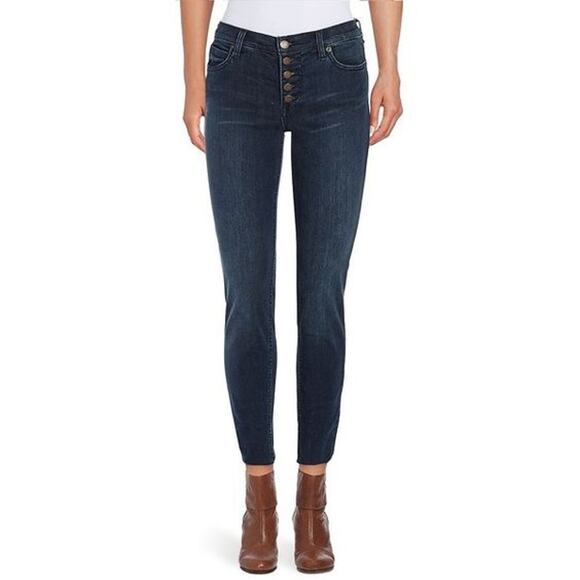 FREE PEOPLE Exposed Button Fly Crop Rolled Dark Indigo Blue Raw Hem Jeans sz 31 - Picture 1 of 10